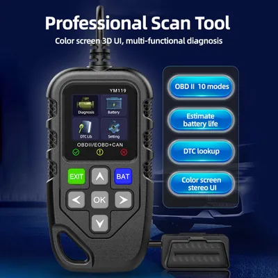 Image de Scanner OBD II, lecteur de code de défaut moteur, testeur de batterie, outil de diagnostic CAN pour véhicules à essence 12V, noir