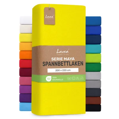 Produktbild von Lavea® Spannbettlaken 200x220cm, Maya, 100% Baumwolle, Boxspringbetten, Wasserbetten, atmungsaktives Bettlaken Matratzen bis 35cm - Sonnengelb