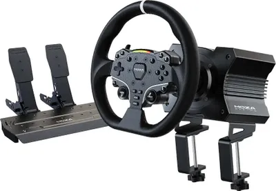 A racing wheel and pedal set on a white background.