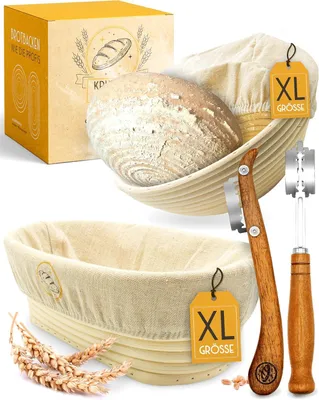 Produktbild von KRUSTENZAUBER Brotbackset aus 2x Gärkörbchen mit Teigtuch & 2x Bäckermesser - Komplett ausgestattet mit hochwertigem Sauerteig Starter Set Zubehör