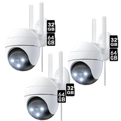 Image de Caméra de surveillance extérieure IP66 Full HD 1080p WLAN 2.4GHz avec détection de mouvement, slot pour carte, 355°/120° Pan/Tilt 32&64GB TF carte 3 Pack