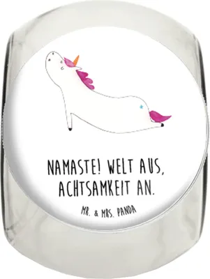 Produktbild von Mr. & Mrs. Panda Bonboniere Einhorn Yoga XL 2000ml - Weiß - Geschenk, Unicorn, Vorratsglas, Sport, Teedose, Einhörner, Kaffeedose, gewürzglas, keksglas, Süß