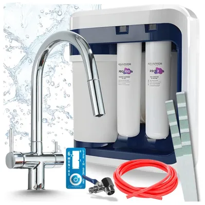 Produktbild von Ari 3-Wege-Küchenarmatur Slender, Chrom, Ausziehbare Spültischarmatur Im Set Mit Aquaphor Ro-202S Pro Wasserfiltersystem