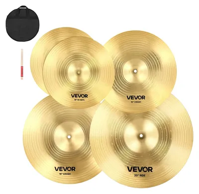 Immagine prodotto di VEVOR Set di piatti da 4 pezzi, piatti in lega, inclusi hi-hat da 355 mm, crash da 400 mm, crash da 455 mm, piatto ride da 505 mm, bacchette e borsa per piatti, pacchetto di piatti per batteristi
