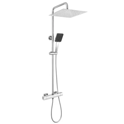 Produktbild von Auralum Thermostat Regendusche Komplettset Chrom Edelstahl mit 30cm Überkopfbrause, Höhenverstellbare Duschstange 88-124cm, 6 Strahlarten