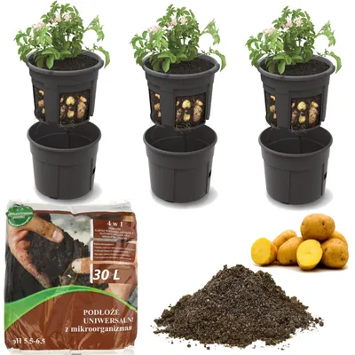 Obrázek produktu pro 3x květináč na brambory 12 l, květináč, vložka do květináče pro pěstování zeleniny + univerzální zemina 30 l 4 v 1 s mikroorganismy pro zeleninu