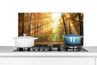 Obrázok produktu pre MuchoWow® Splashback Kuchyňa - Kuchynský backsplash - Ochrana steny pre sporák a drez Les - Jeseň - Slnko - Krajina - Príroda - Stromy - Listy 90x45cm