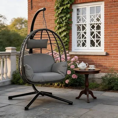 Produktbild von Hängesessel Mit Gestell Outdoor Bis 150 kg, Rattan Hängesessel Mit Metallgestell, Wetterfester Hängesitz Indoor & Outdoor Für Garten, Terrasse, Balkon