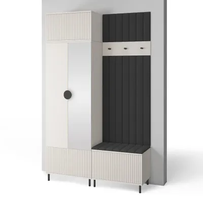 Produktbild von Garderoben-Set Ritmo version 4 – gefräste Kleiderschrank mit Polsterplatten, Schuhschrank, für Flur und Eingangsbereich (cashmere, Trinity 16)