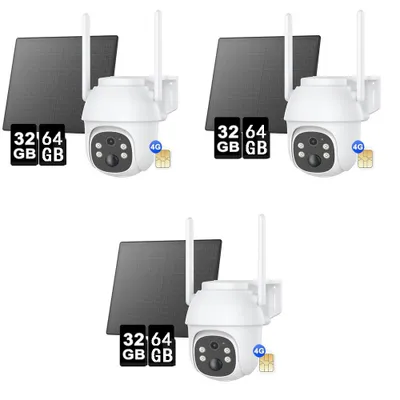 Image de 4G LTE caméra de surveillance extérieure batterie 8400mAh avec panneau solaire et PTZ, caméra IP extérieure avec vision nocturne couleur, capteur PIR, audio 2 voies 32&64GB 3 PACK