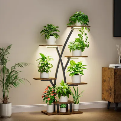 Productafbeelding van Plantenstandaard met plantlamp – 7-laags bloemenrek, 105 cm hoog, van metaal en hout – Bloemenrek voor binnen en buiten – Decoratief zwart bloemenrek voor kamerplanten en balkon