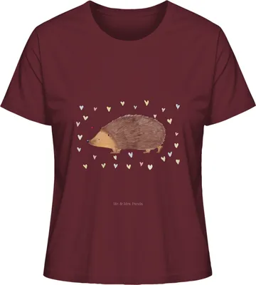Produktbild von Mr. & Mrs. Panda Basic T-Shirt Damen Igel Herzen Größe L - Burgundy - Geschenk, Vertrauen, Liebe, Oberteil, Kuss, Kurzarmshirt, Lustige Sprüche, Damenshirt, Herz