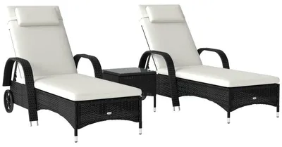 Image de Lot de 3 chaises longues avec table, en polyrotin et métal, noir et blanc crème