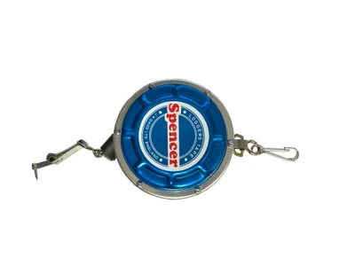 A blue and silver measuring tape with a hook on a white background.