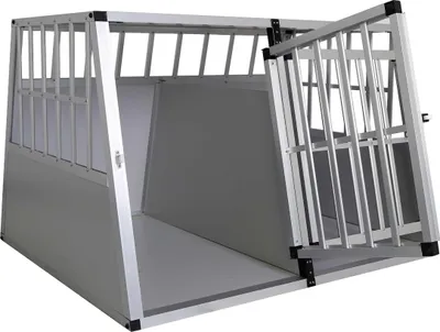 A silver aluminum dog crate with the door open, shown from a slightly elevated front-left angle on a white background.