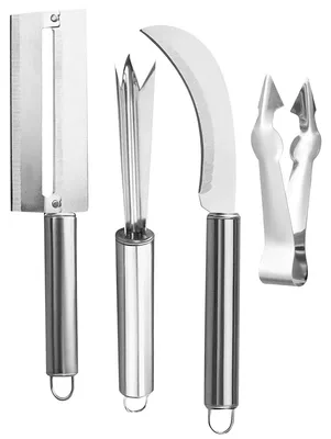 Produktbild von 4er Set Ananasschneider aus Edelstahl mit Ananasmesser Kernentferner Zuckerrohrmesser und Gabel
