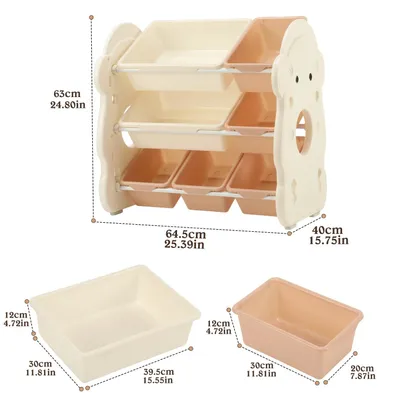 Image de Rangement pour jouets - Étagère avec bacs - 3 niveaux - 7 bacs de rangement - Motif pingouin - 64 × 40 × 63 cm - Pour chambre d'enfant/salle de jeux - Beige