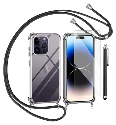 A clear product shot of an iPhone 14 Pro case set, including a clear case, screen protector, lanyard, and stylus, arranged on a white background.