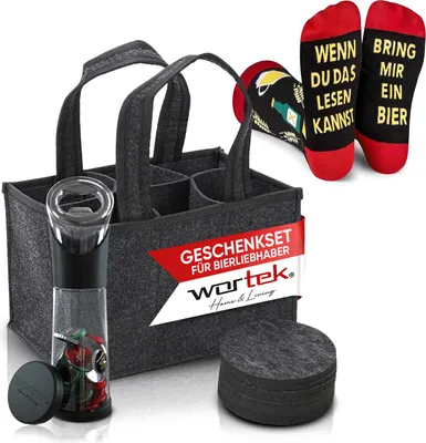 Produktbild von wortek Geschenkset Männer Geschenke - Männerhandtasche Bier Flaschenöffner mit Auffangbehälter Filzuntersetzer - Geschenkkorb für Männer mit Socken