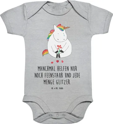 Produktbild von Mr. & Mrs. Panda babykleidung body Einhorn Traurig 3. - 6. Monat - Heather Grey - Geschenk, Freunde, Kurzarmbody, Babybody, Blume, Trauer, Einhörner, Strampler, Baby