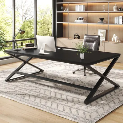 Computertisch 200 cm, schwarz, Holz & Metall, für Büro und Gaming