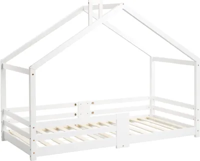 Produktbild von Merax Kinderbett 90x200cm mit Rausfallschutz und Schornstein, Hausbett Bodenbett Kiefernholzbett Einzelbett mit Lattenrost, Weiß