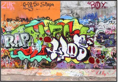 Produktbild von Wallario Wandbild RAP-Graffiti- Wand mit verschiedenen Tags, Größe: 70,30 x 100,30 cm, Poster mit schwarzem Aluminiumrahmen
