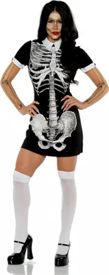 Produktbild von Kurzes Skelett Kostümkleid mit Kragen für Halloween Größe: L
