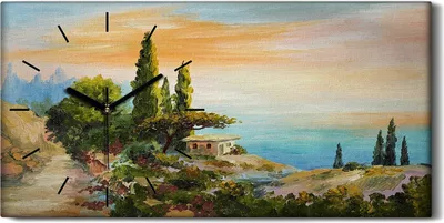 Produktbild von Dekor Leinwand Uhr Wandbilder 60x30 Ölgemälde Bäume Küste Himmel Sonnenuntergang - schwarze Hände