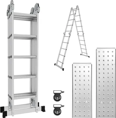 Produktbild von Aopunly 6 in 1 Leiter Mehrzweckleiter Alu Gelenkleiter Klappleiter 582cm Multifunktionsleiter Aluleiter Mit Plattform Bis 150KG 4 X 5 Stufen Silber