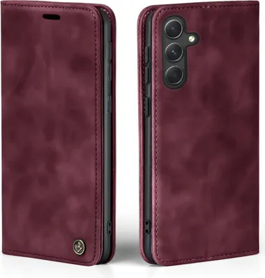 A burgundy flip case for a Samsung Galaxy A55 5G phone is shown from two angles.