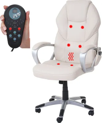 A hand holding a remote control next to a white massage office chair with red dots indicating massage points.