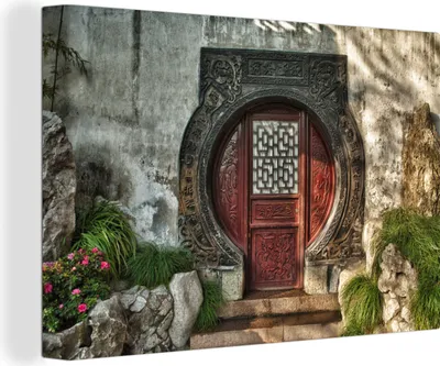 Produktbild von OneMillionCanvasses® - Leinwandbilder - 140x90 cm, Eine runde Tür im Yu-Garten in China, Wandbilder Kunstdruck Wanddekoration