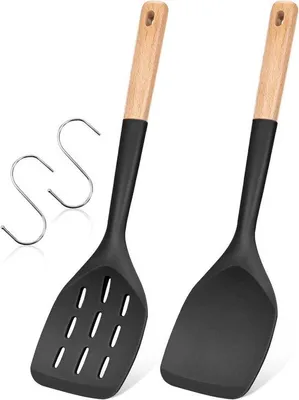Produktbild von Set von 2 hitzebeständigen Silikonspateln mit Holzgriff - für Backen und Grillen