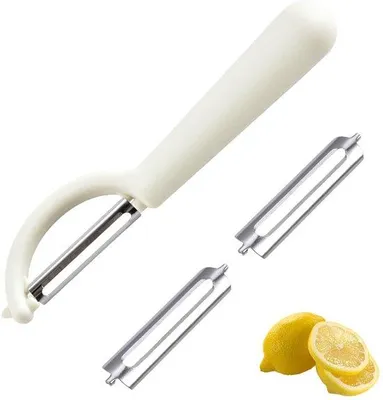 Immagine prodotto di Set universale per sbucciare verdure Ibenzoa®, con 2 lame di ricambio, lama in acciaio inossidabile e manico in plastica, colore bianco – ideale per verdure, frutta e patate