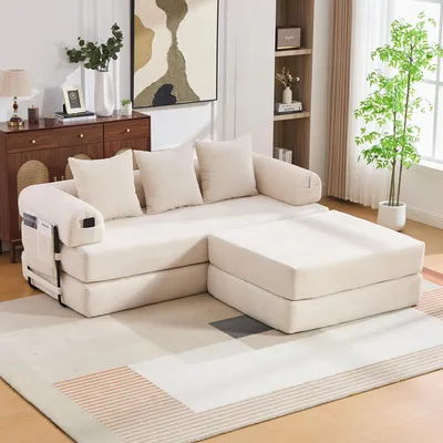 Produktbild von Modulares Cord-Kompressionssofa mit Hocker Couch-Set Beige Metallrahmen Lounge-Sofa Wohnlandschaft inklusive Seitentasche und 3 Kissen flexibel