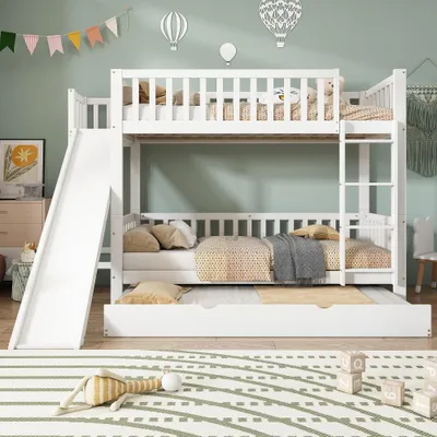 Immagine prodotto di Letto a castello 90x200/90x190 cm con letto a scomparsa, scivolo e scaffali, realizzato in pino, MDF e compensato, di colore bianco, ideale per la cameretta dei bambini