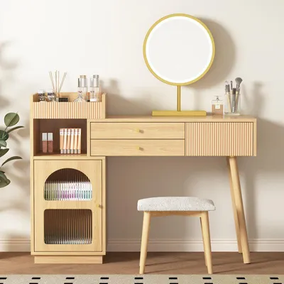 Zdjęcie produktu dla Zestaw toaletek, stolik kosmetyczny z lustrem LED i 3-kolorowym oświetleniem, drewniana toaletka do sypialni - Wymiary: W120/H90/T40 cm (bez taboretu) (Old sku: RN3198724AA)