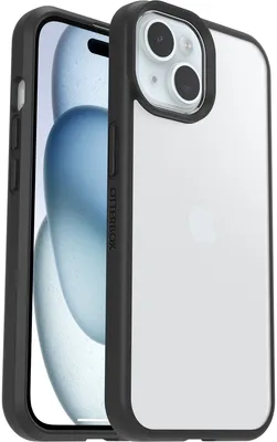A clear iPhone case with a black bumper and a transparent back, showing the Apple logo on the phone inside.