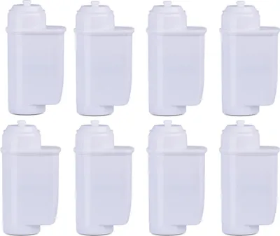 A grid of eight identical white water filter cartridges is displayed against a white background.
