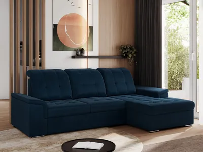 Produktbild von MKS MEBLE Sofa mit Schlaffunktion - Ecksofa mit Schlaffunktion und Bettkasten - Sofa 3 Sitzer - Schlafsofa - Couch - Schlafsofa mit Bettkasten - Madrito L - Dunkelblau Velvet - Rechts Seite
