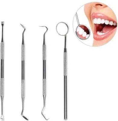 Productafbeelding van Professionele tandverzorgingsset met roestvrijstalen accessoires - inclusief tandreinigingshaken en tandspiegels - een set van 4 stuks voor optimale mondgezondheid