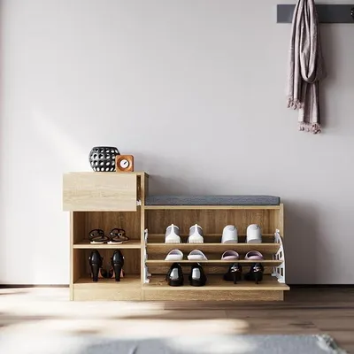 Imagen del producto de Zapatero con asiento, 2 compartimentos abiertos, un cajón, 94,5 x 30 x 57 cm, madera