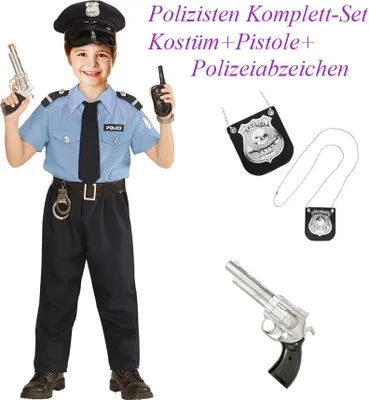 Produktbild von Kinder Komplett Set Polizist Kostüm + Pistole & Polizei Marke # Gr. 128