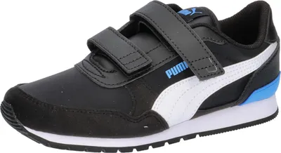 A single black Puma sneaker with white and blue accents is shown against a white background.