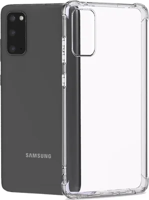 A transparent phone case is shown next to a dark gray Samsung phone.