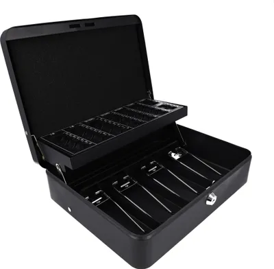Produktbild von Westcott Geldkassette abschließbar (groß, 30cm) Schwarz | Robuste Kasse mit Zylinderschloss inkl. 2 Schlüssel | 4 Scheinfächer und Münzzählbrett zur Bargeldorganisation | E-51003 BLACK