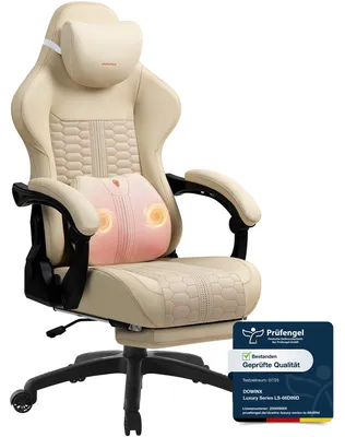 Produktbild von Gaming-Stuhl Big & Tall, Massage-Lendenstütze, Fußstütze, ergonomisch, Kunstleder, 180 kg.Weiß