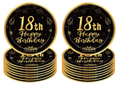 Papiergeschirr-Set 16-teilig, 23 cm, schwarz/gold, 18. Geburtstag