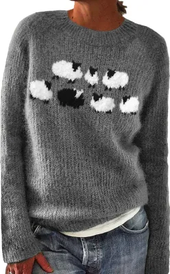 Produktbild von ASKSA Damen Pullover Elegant Rundhals Sweatshirt Casual Winterpullover mit Aufdruck Gestrickter Pullover Warme Bequem Langarm Mode Autumn Winter Oberteile,Grau,L